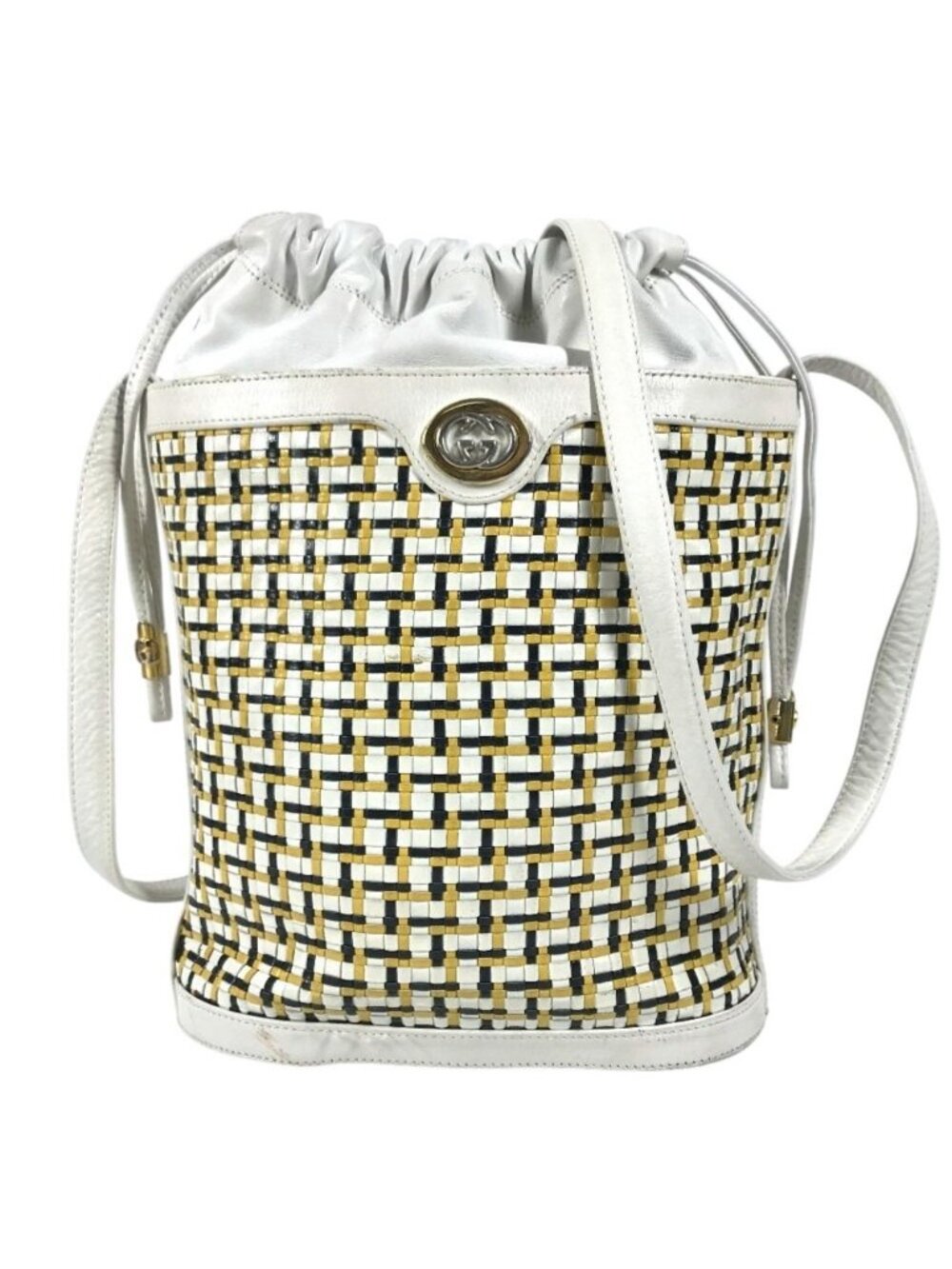 Gucci Shoulder Bag Logo Braided GG Drawstring Vintage Leather White
